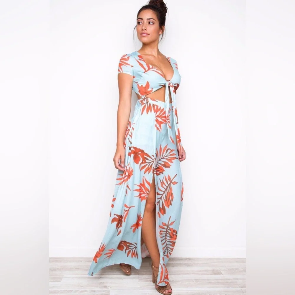 Latiste Mint Blue/Tropical Leaf Orange Island Hop Cut Out Maxi Dress. NWT Size S - Picture 8 of 13